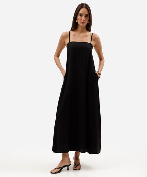 vestido longo alça fina feminino com viscose decote quadrado preto