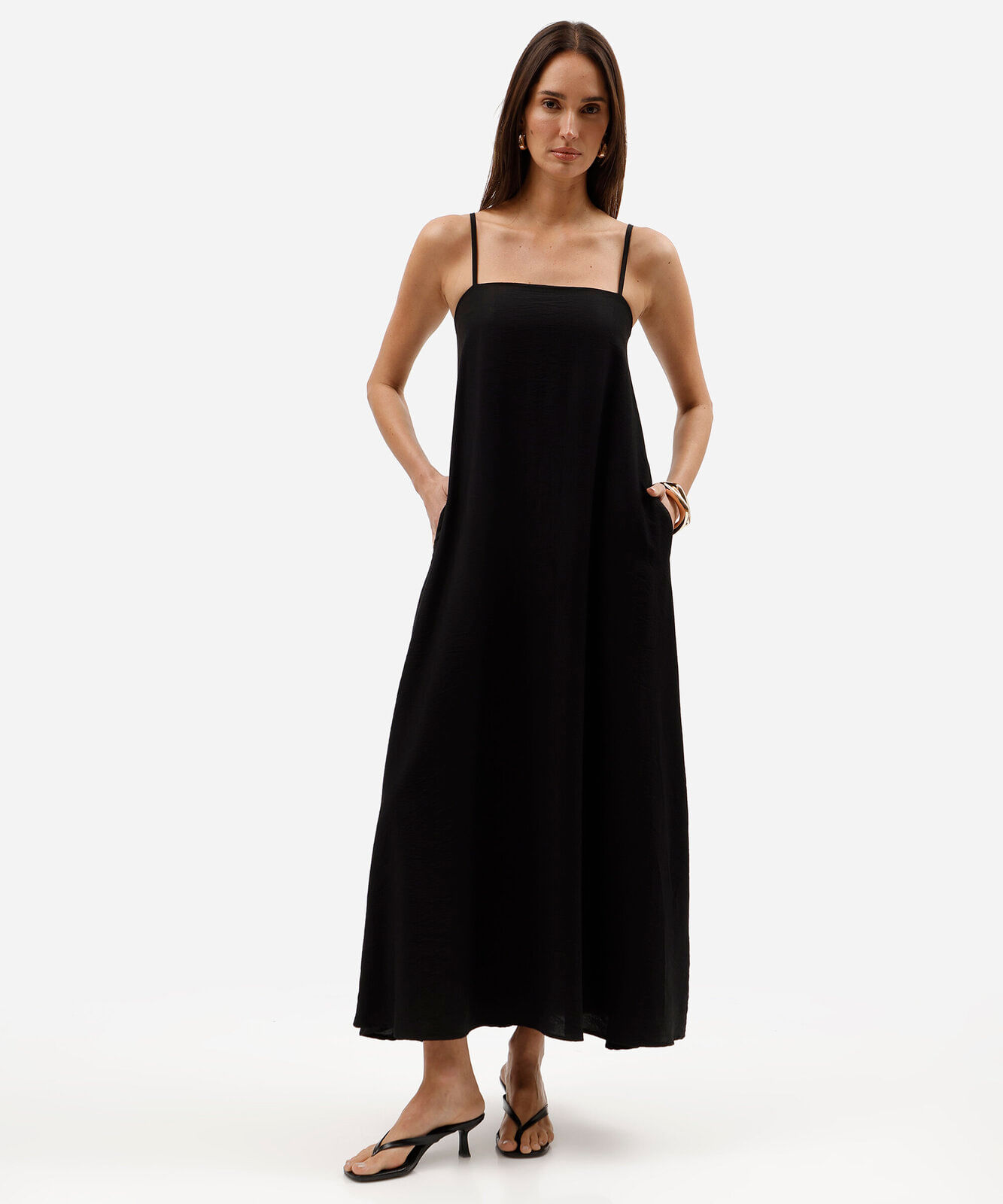 vestido longo alça fina feminino com viscose decote quadrado preto