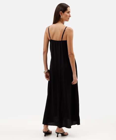 vestido longo alça fina feminino com viscose decote quadrado preto