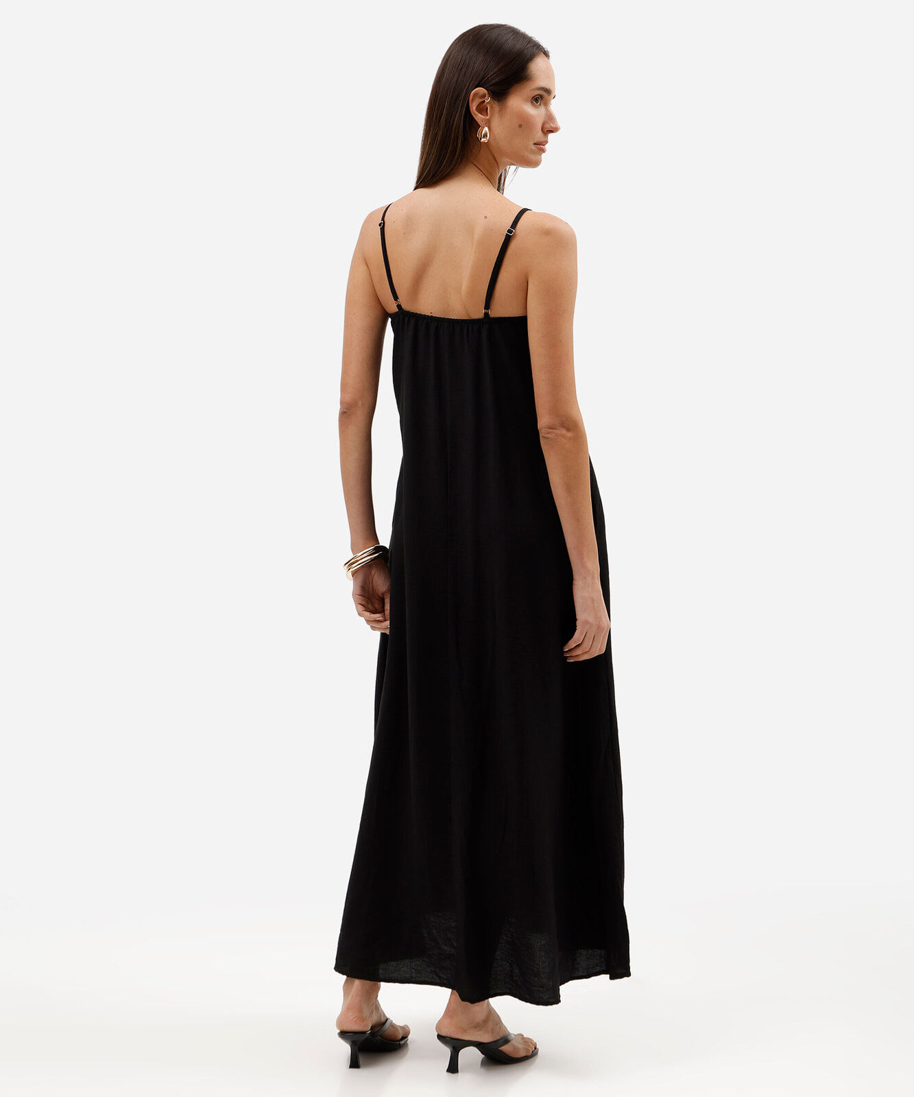 vestido longo alça fina feminino com viscose decote quadrado preto