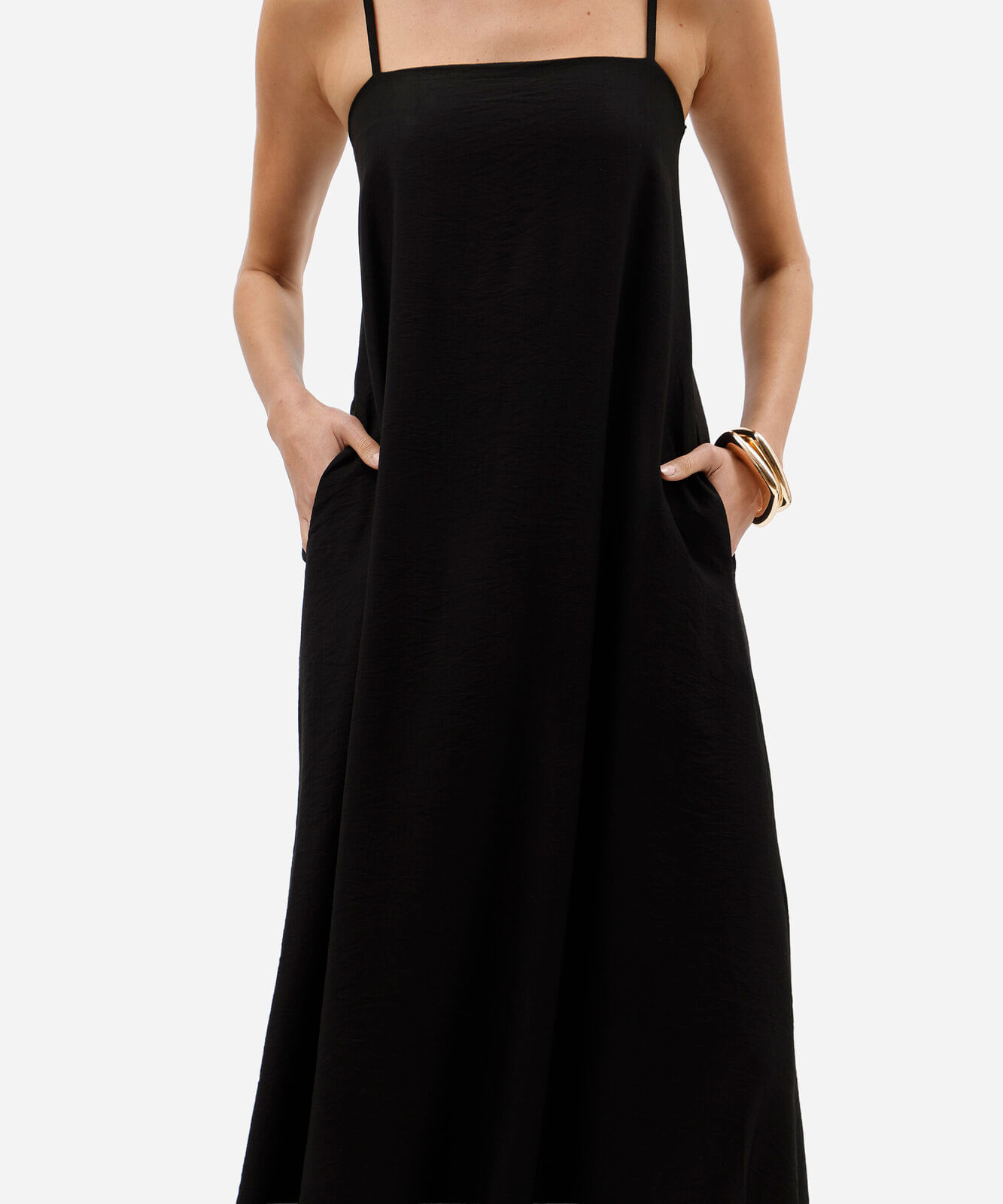 vestido longo alça fina feminino com viscose decote quadrado preto