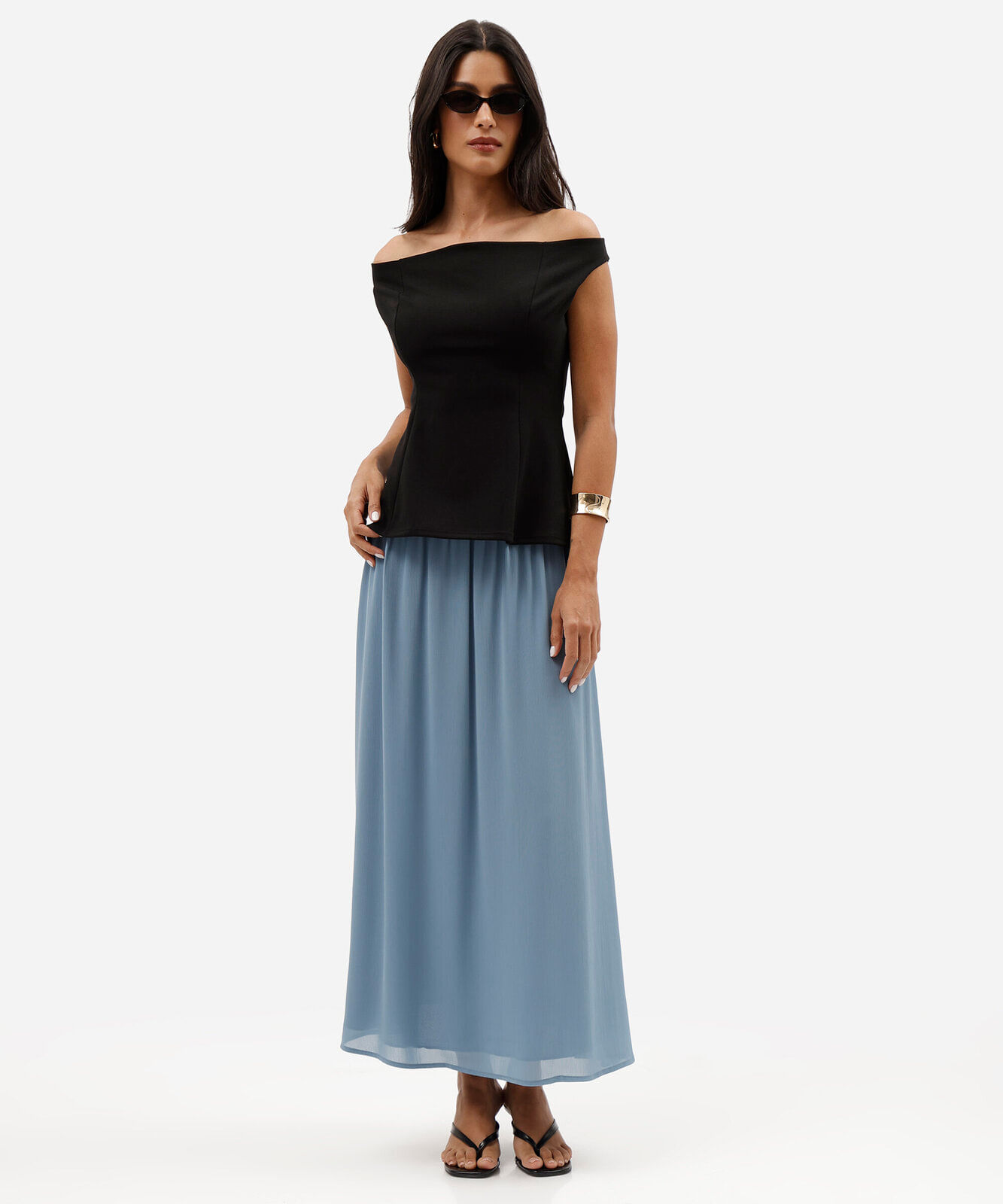 saia longa feminina cós elástico azul