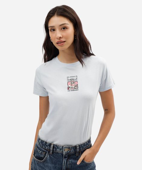 camiseta feminina de algodão manga curta estampado azul