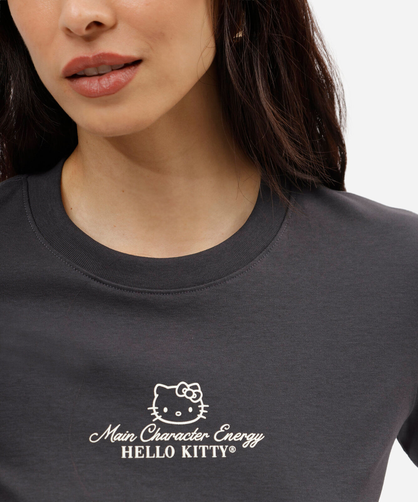 camiseta feminina de algodão peruano manga curta hello kitty cinza