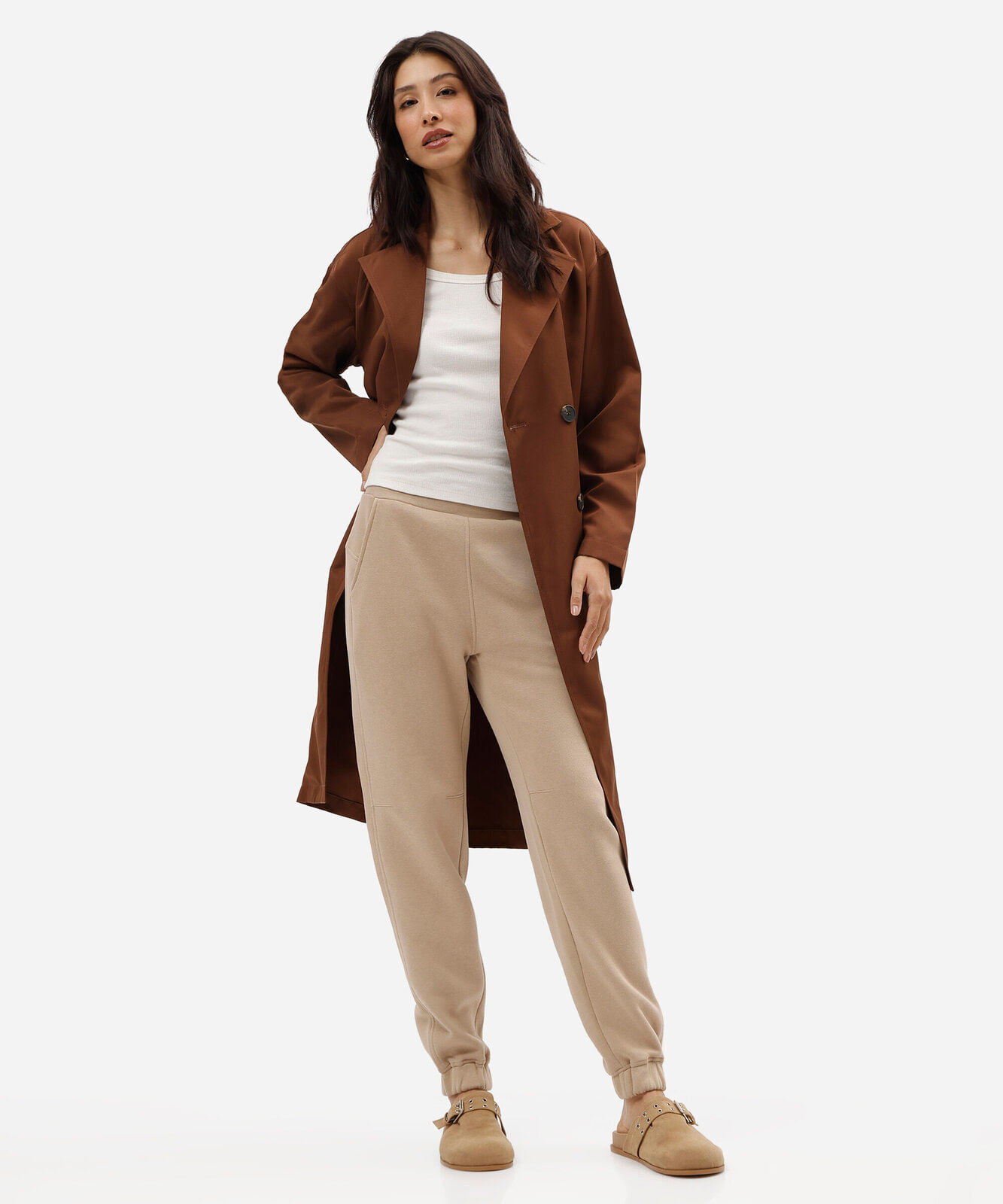 calça jogger feminina de moletom cós elástico bege