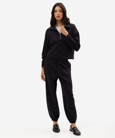 calça jogger balloon feminina de moletom cós elástico preta