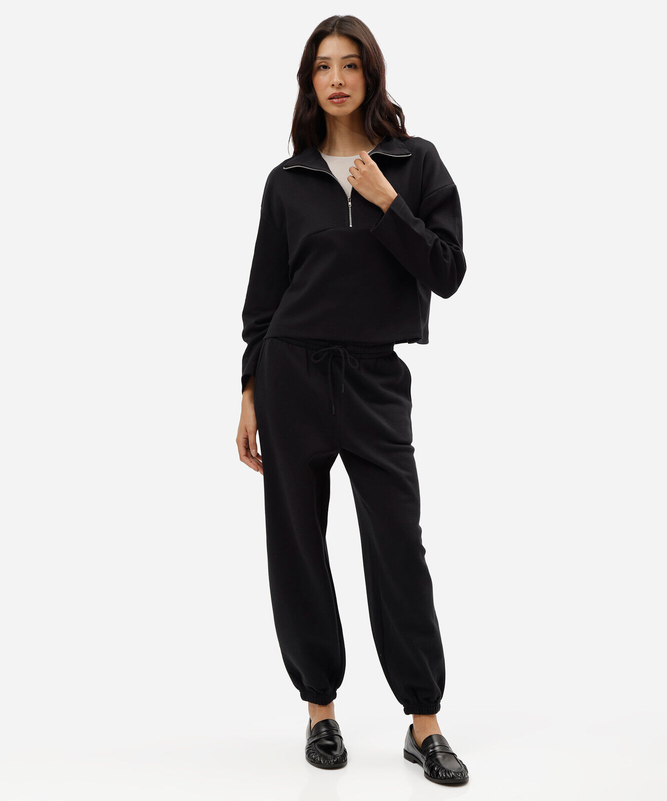 calça jogger balloon feminina de moletom cós elástico preta