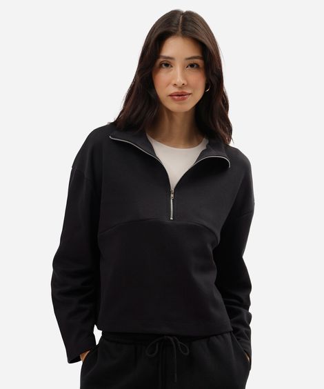 blusão feminino de moletom gola alta com recorte e zíper preto