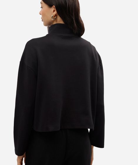 blusão feminino de moletom gola alta com recorte e zíper preto