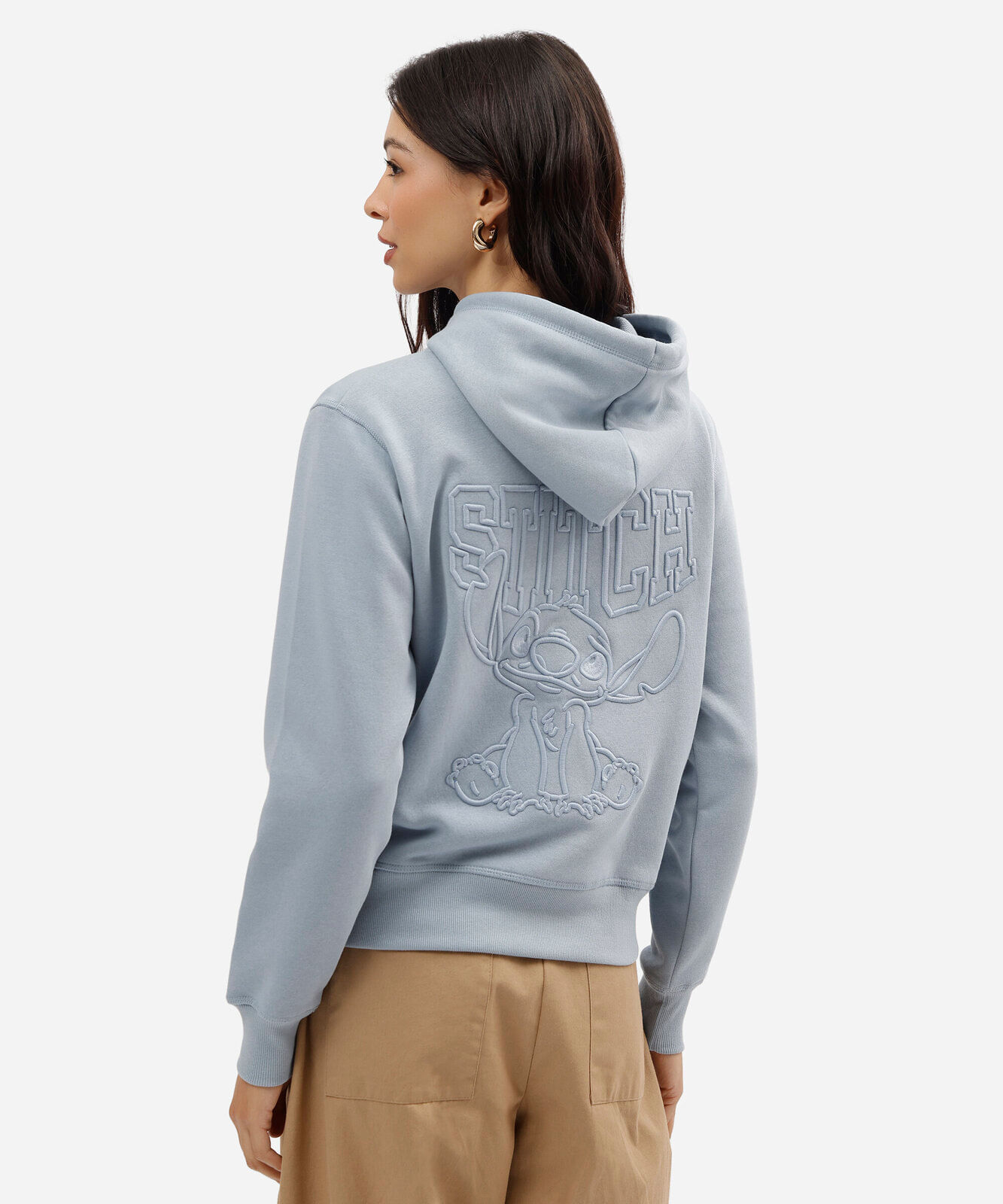 blusão feminino de moletom com bordado e capuz  stitch azul