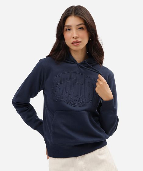 blusão feminino de moletom stitch com capuz azul