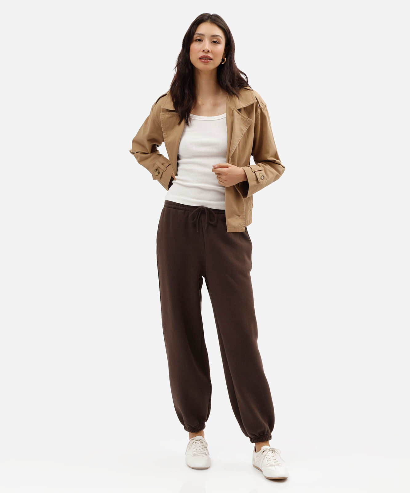 calça jogger balloon feminina de moletom cós elástico marrom