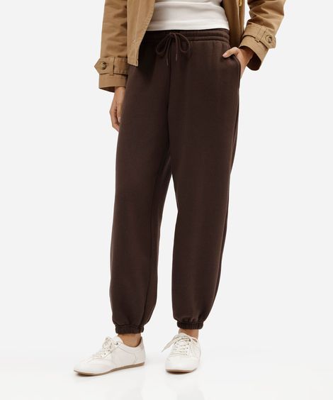 calça jogger balloon feminina de moletom cós elástico marrom