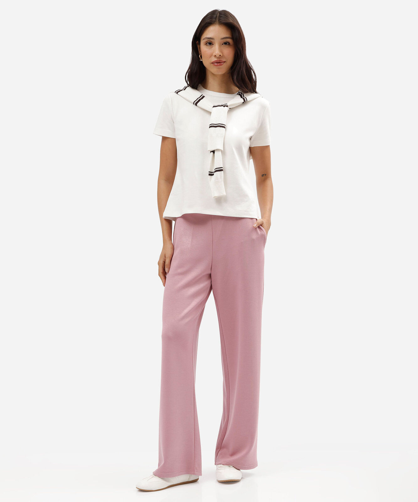 calça reta básica scuba feminina cós elástico rosa