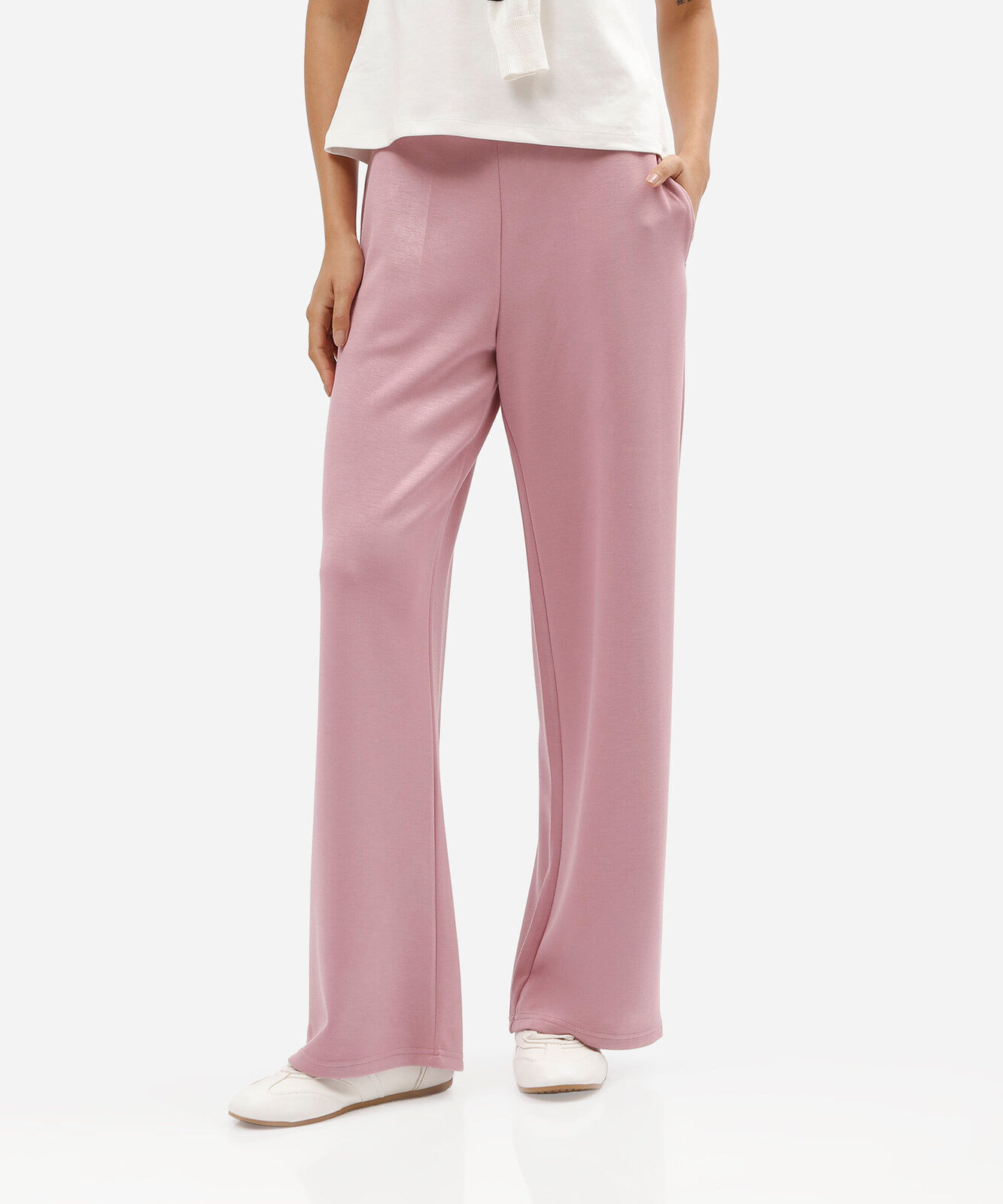 calça reta básica scuba feminina cós elástico rosa
