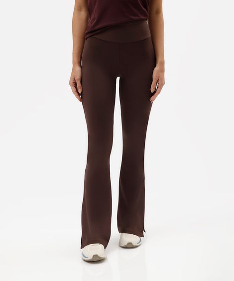 calça flare esportiva feminina de poliamida com fendas marrom