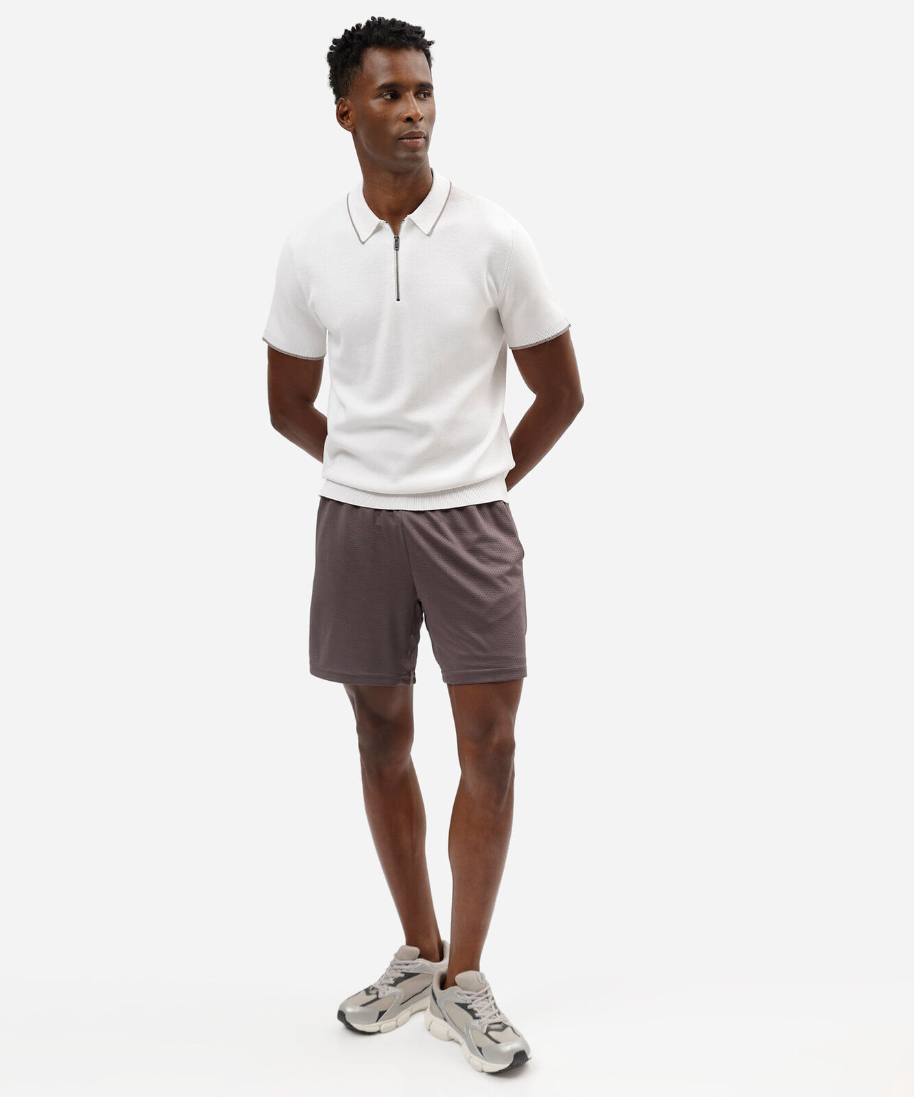 camisa polo masculina slim de tricô com zíper off white