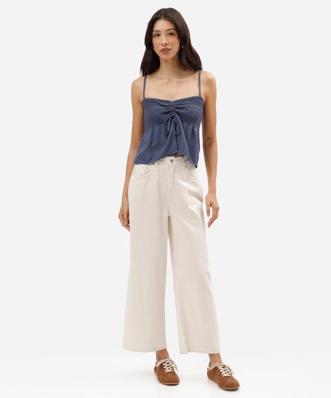 calça wide leg cropped feminina de sarja texturizada cintura alta bege