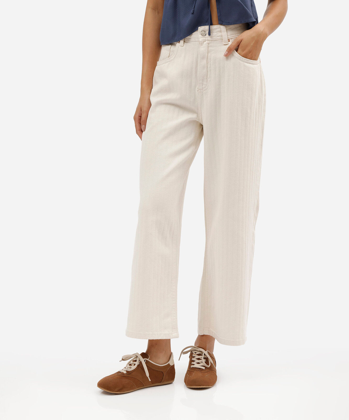 calça wide leg cropped feminina de sarja texturizada cintura alta bege