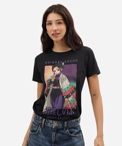 camiseta feminina de algodão manga curta demon slayer preta