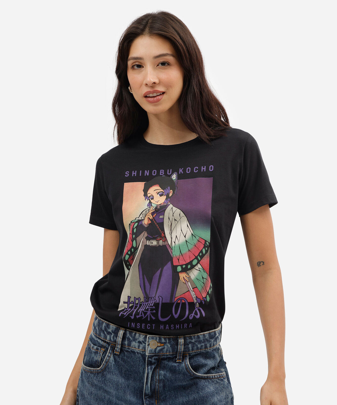 camiseta feminina de algodão manga curta demon slayer preta
