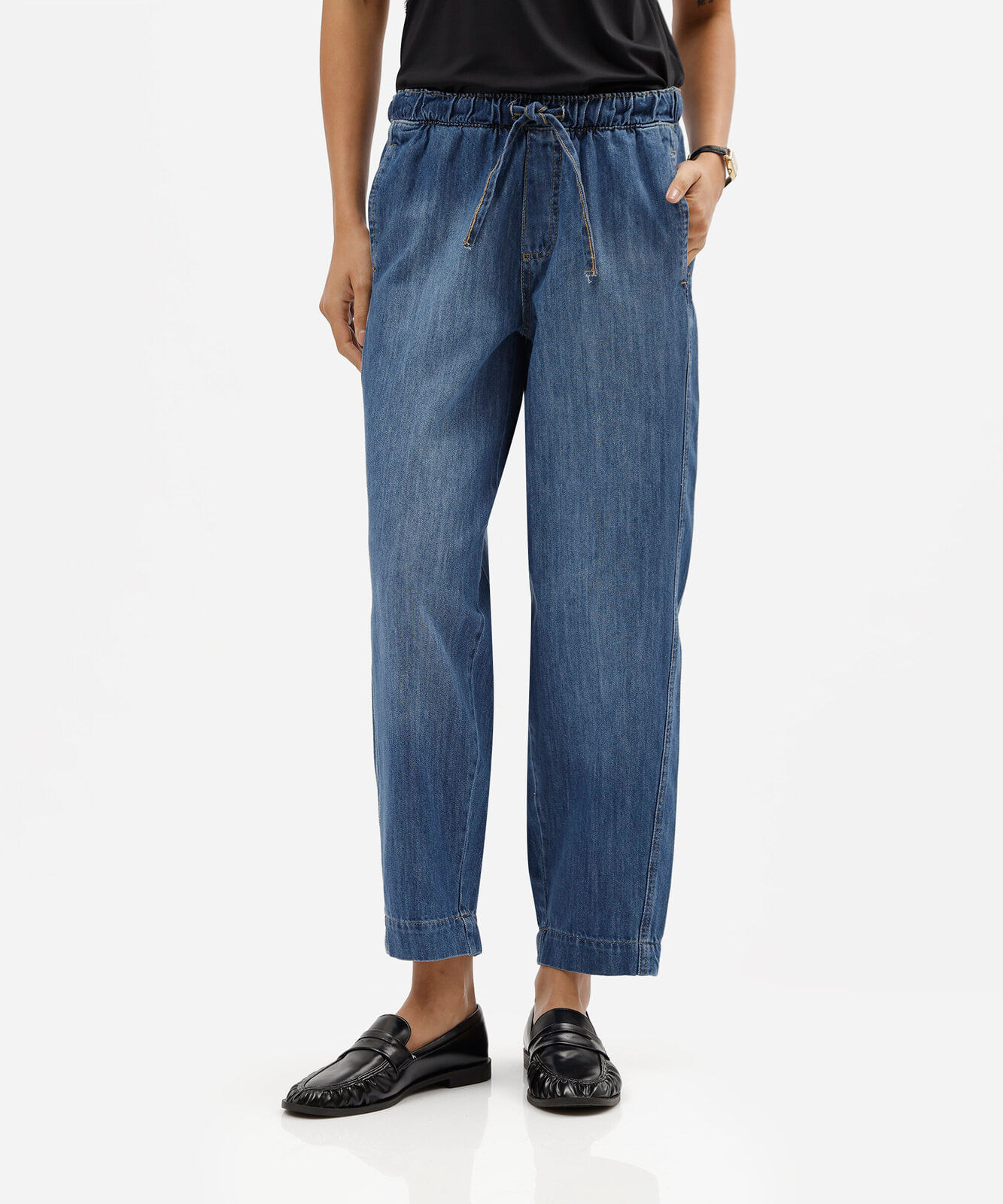 calça clochard feminina jeans cós elástico azul