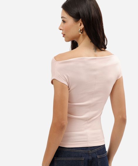 blusa feminina de algodão decote canoa manga curta rosa