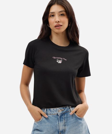 camiseta feminina de algodão peruano manga curta kuromi preta