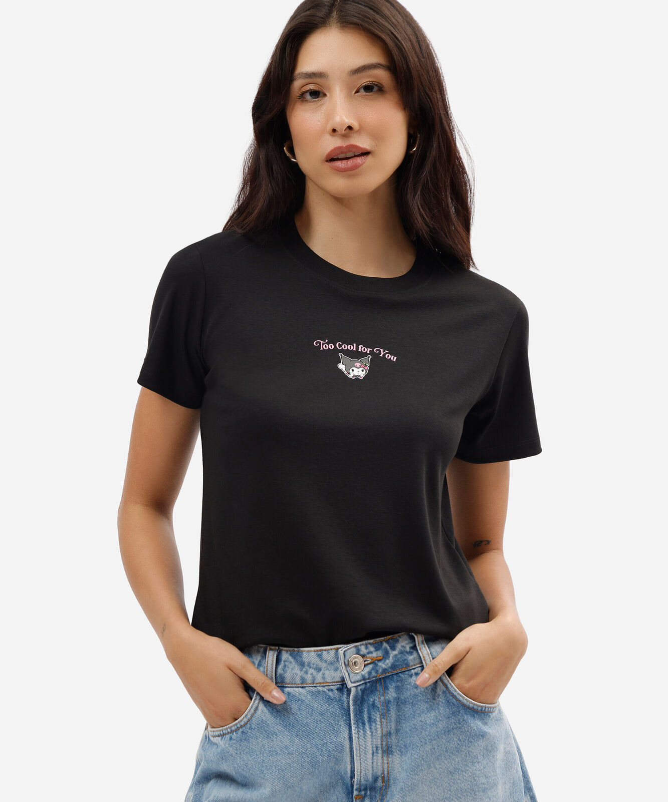 camiseta feminina de algodão peruano manga curta kuromi preta