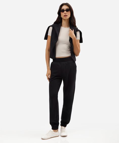 calça jogger feminina de moletom cós elástico preta