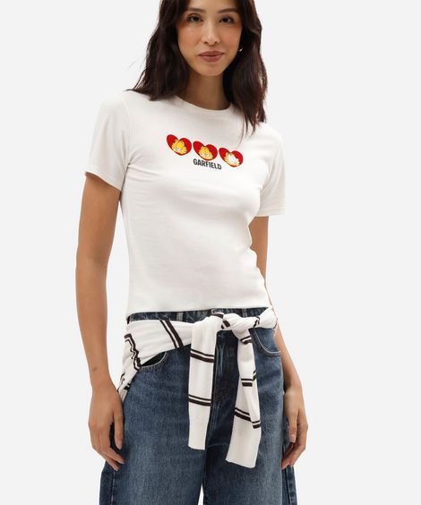 camiseta feminina de algodão manga curta garfield off white