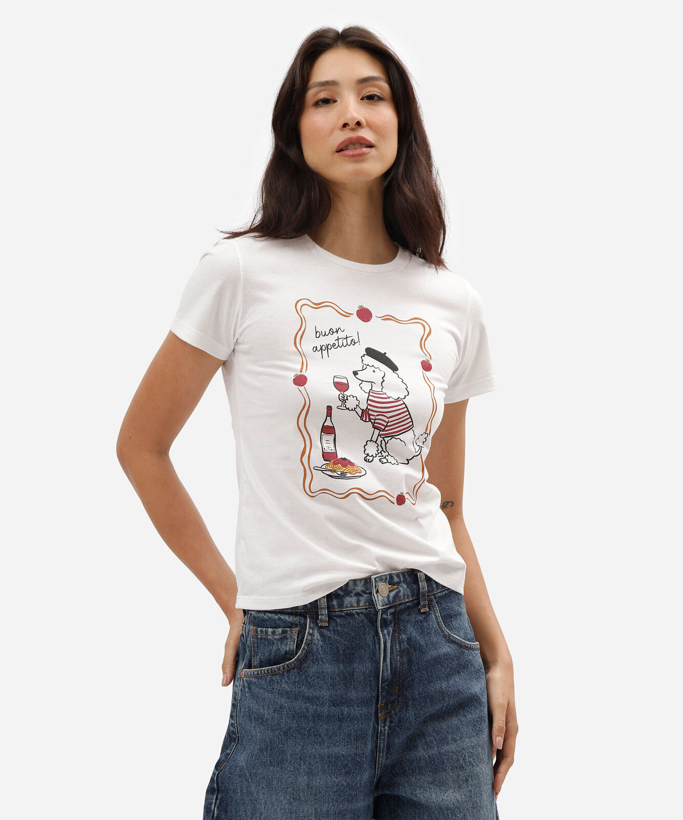 camiseta slim feminina de algodão manga curta estampada off white