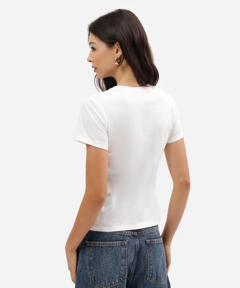 camiseta slim feminina de algodão manga curta estampada off white