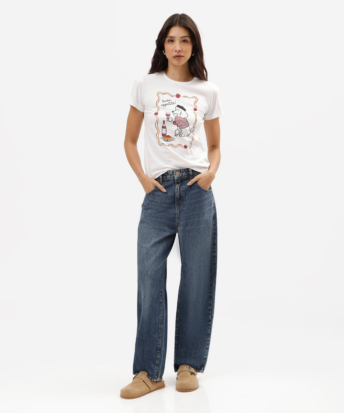 camiseta slim feminina de algodão manga curta estampada off white