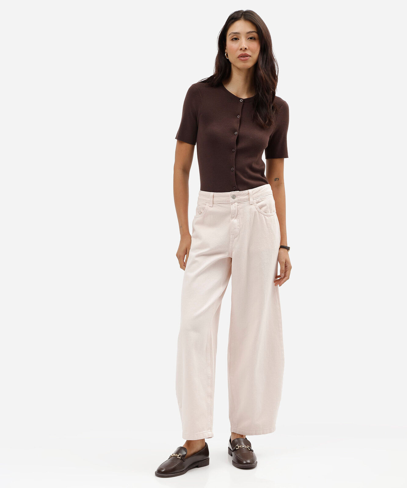 calça balloon feminina de sarja cintura baixa rosa