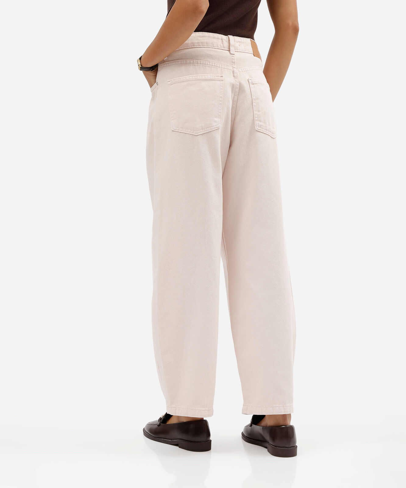 calça balloon feminina de sarja cintura baixa rosa
