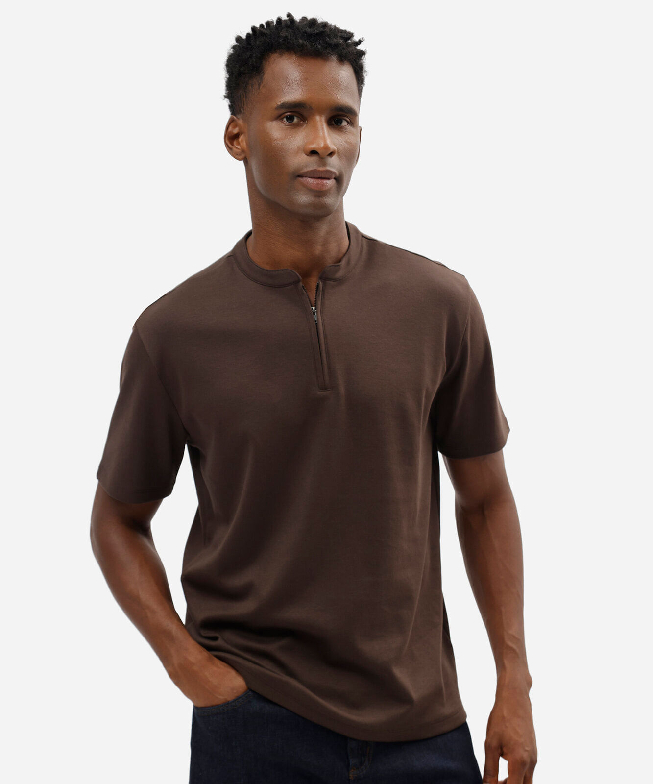 polo masculina de algodão peruano com zíper marrom