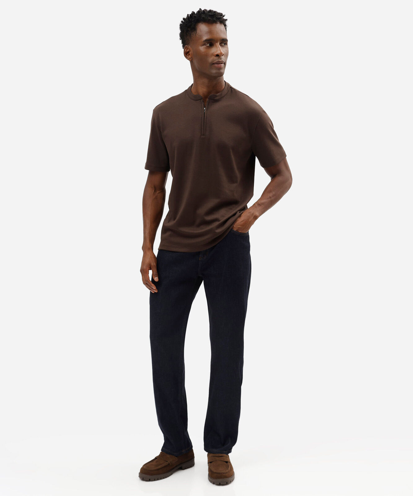 polo masculina de algodão peruano com zíper marrom