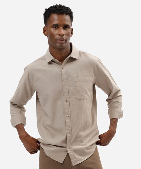 camisa comfort de algodão manga longa com bolso bege