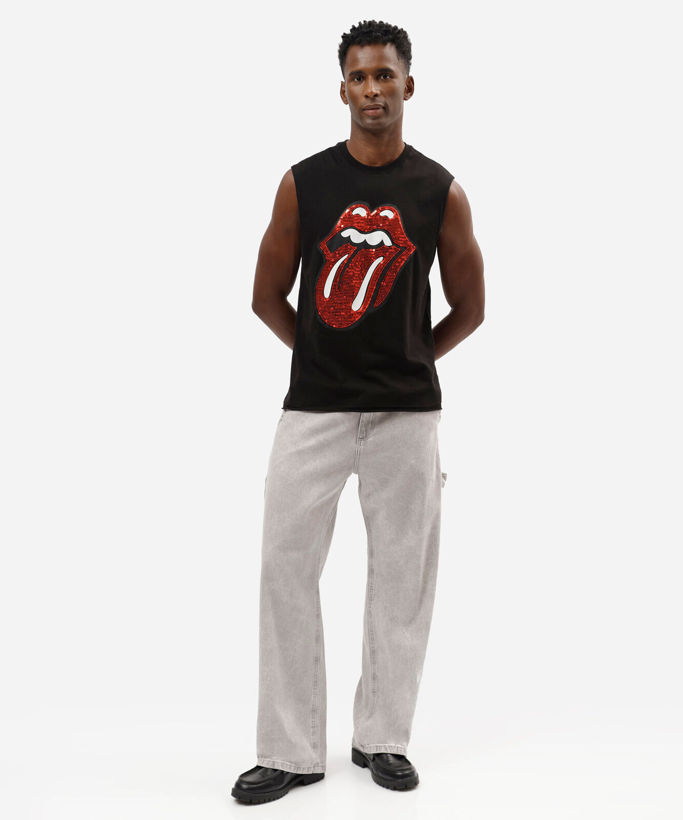 regata masculina de algodão the rolling stones com paetê preta
