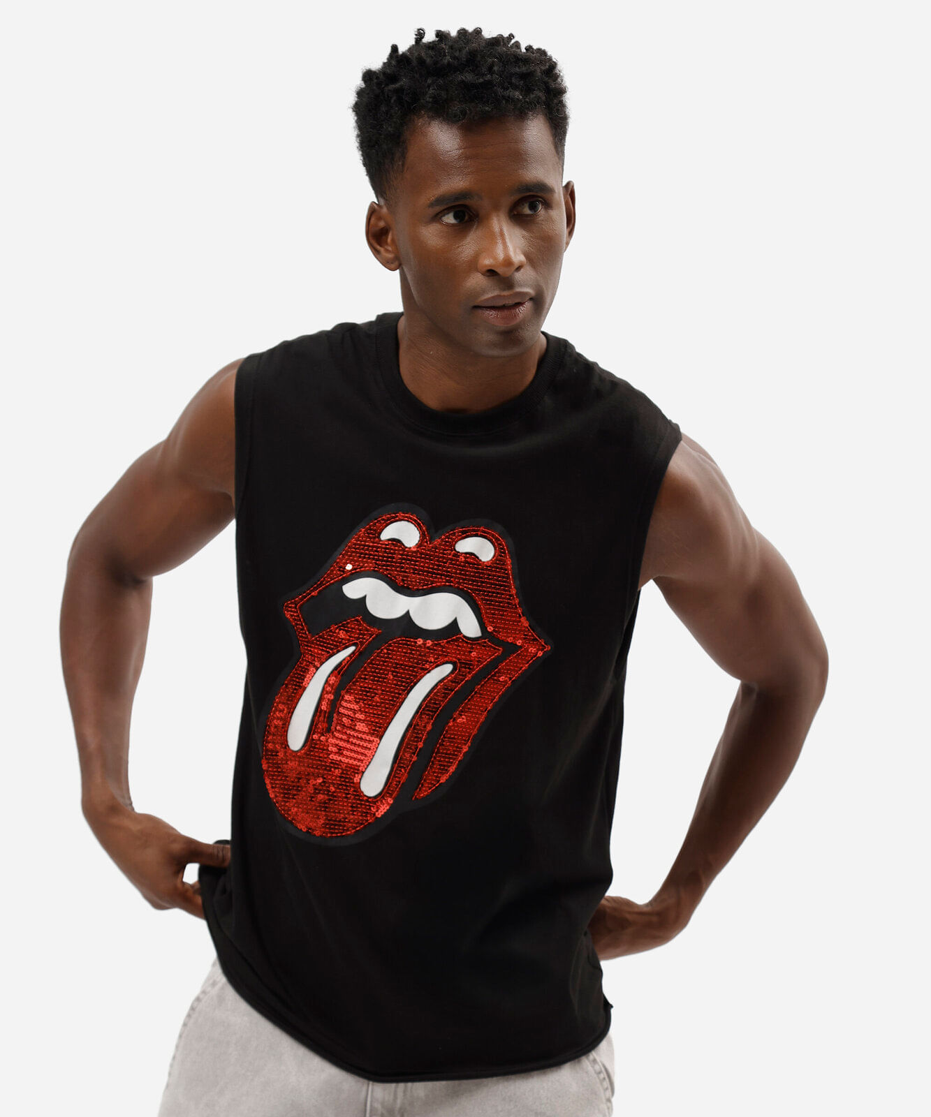 regata masculina de algodão the rolling stones com paetê preta