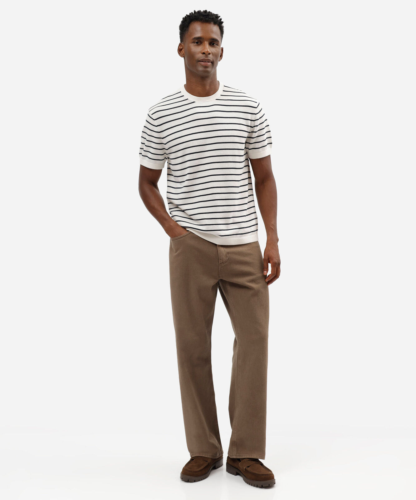 camiseta masculina de tricot listrada off white