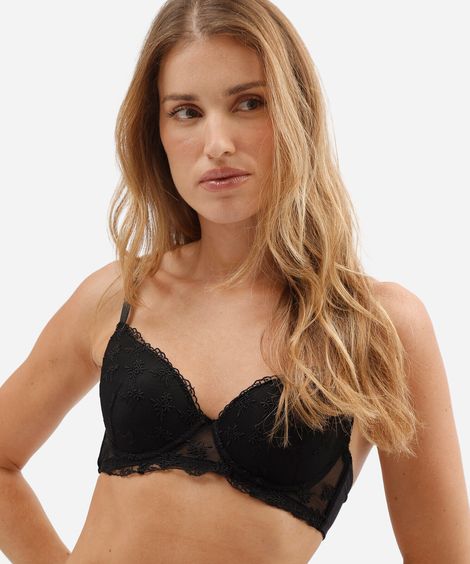 sutiã base feminino com tule bordado floral preto