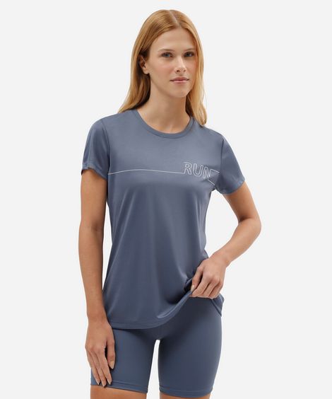 camiseta esportiva feminina manga curta estampada azul