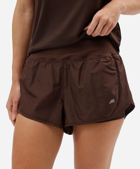 short esportivo feminino de poliamida com bermuda interna marrom
