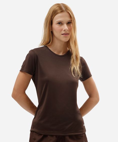 camiseta esportiva feminina de manga curta com recorte no ombro marrom