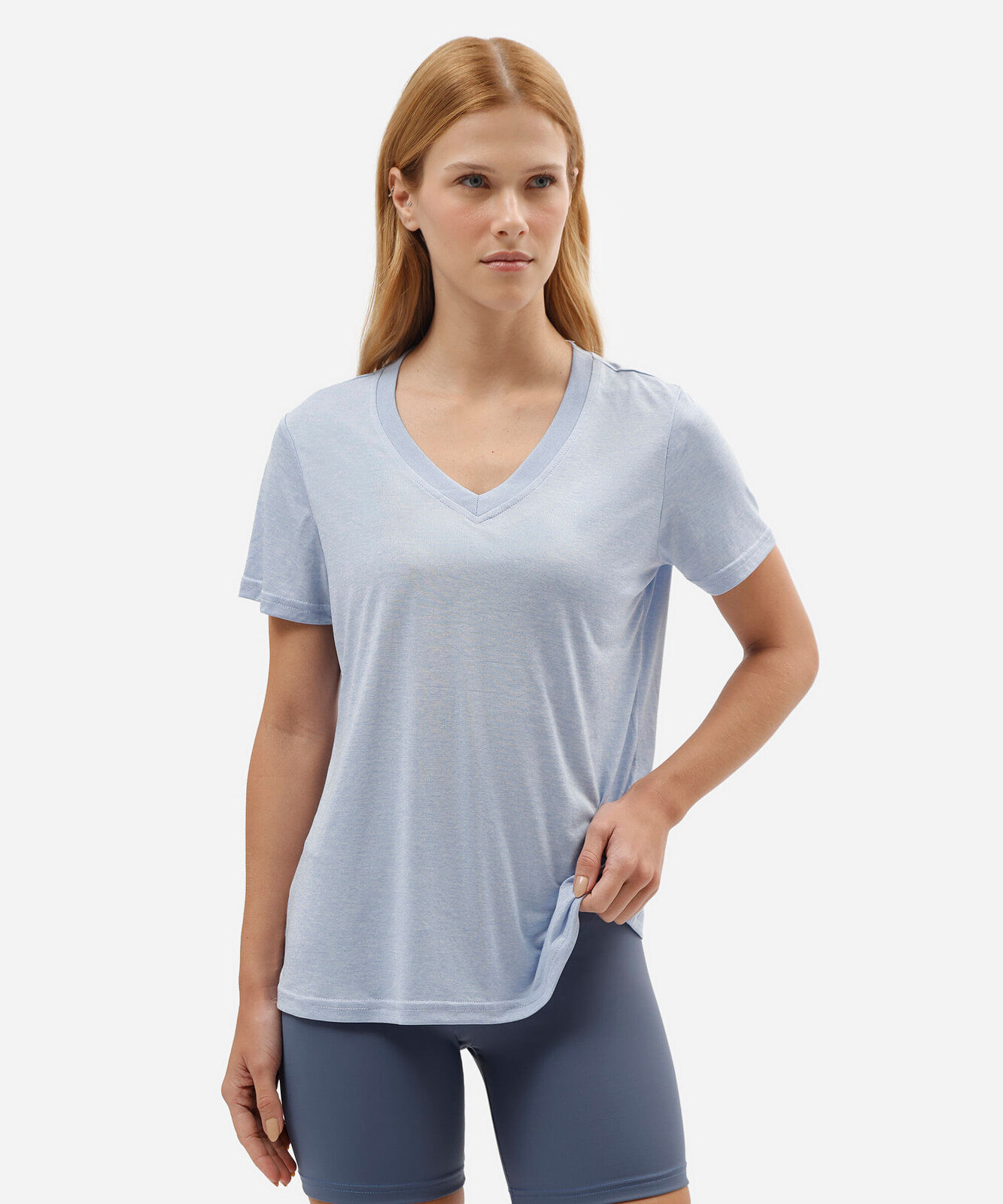 blusa esportiva feminina decote v manga curta azul