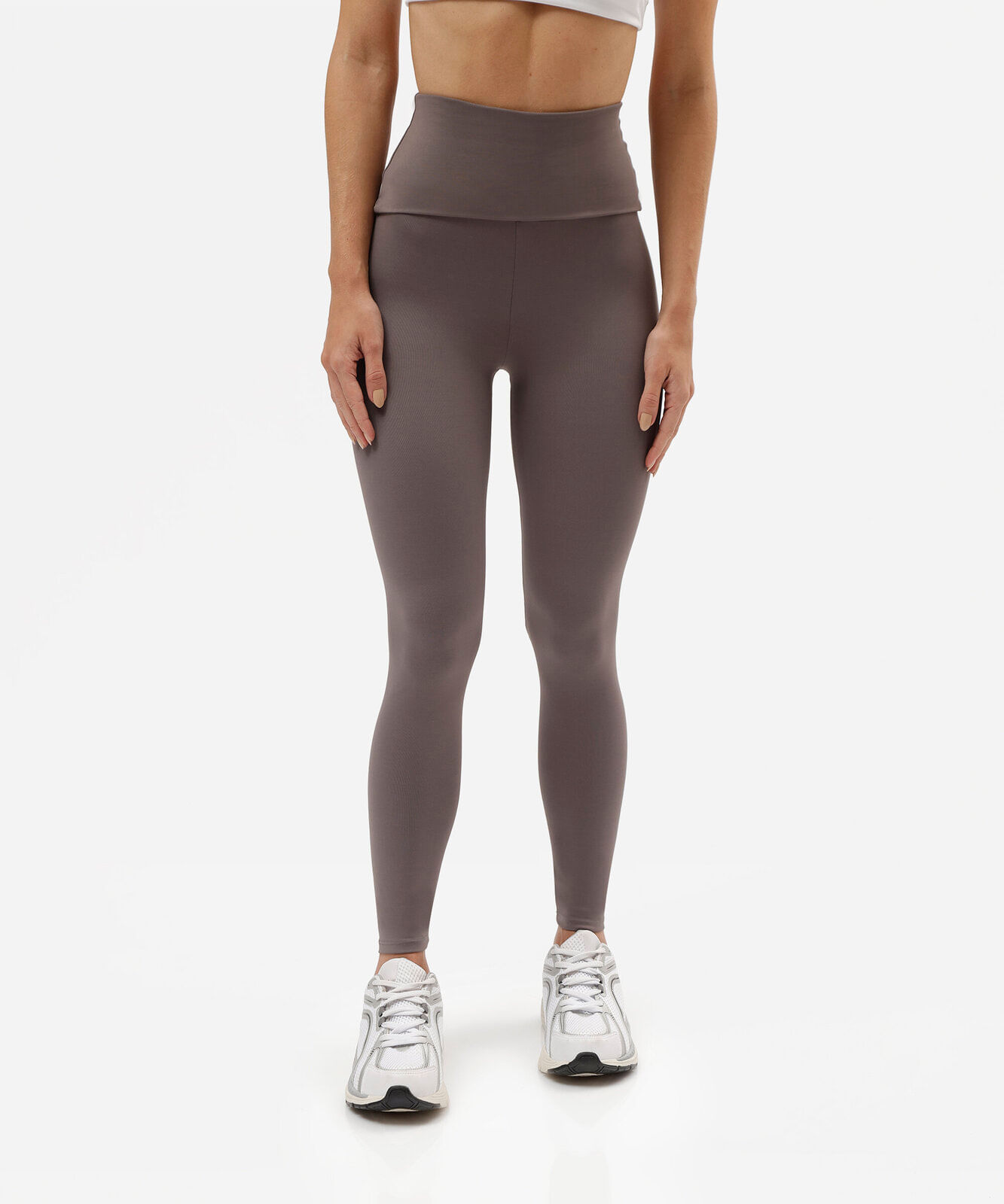 calça legging esportiva feminina de poliamida cós dobrável cinza