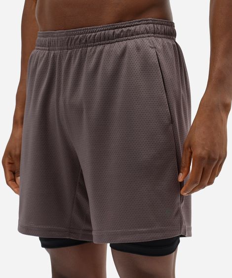 bermuda esportiva masculina 2 em 1 em malha cinza