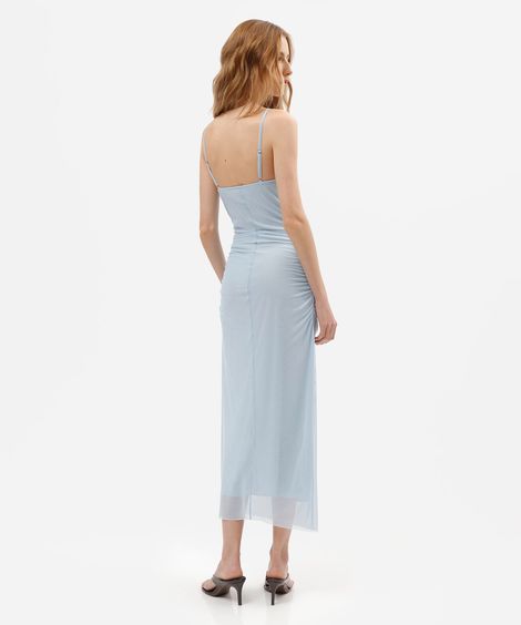vestido midi alça fina de tule com renda franzido azul